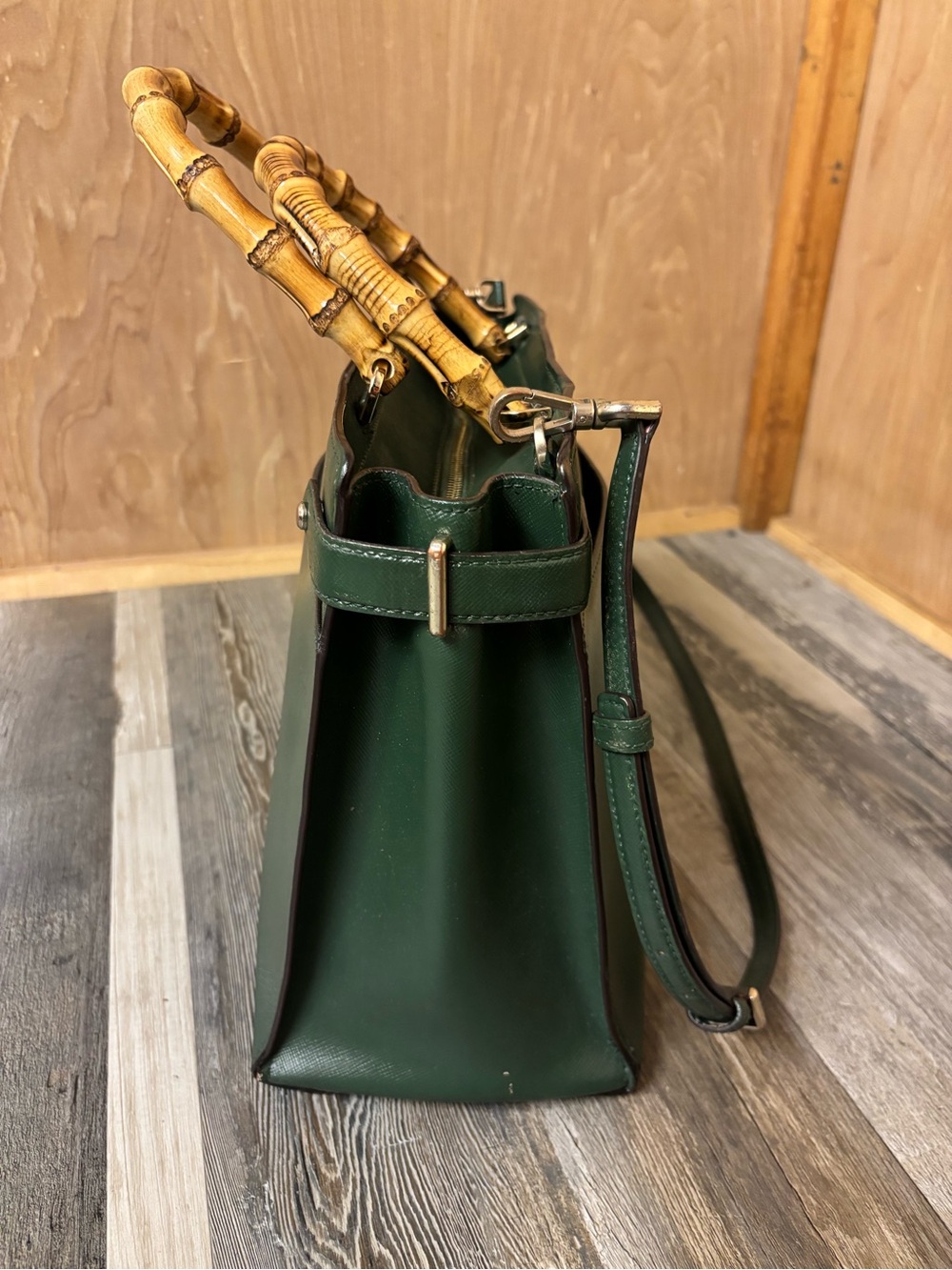 Kate Spade Custom- Hand Painted Dark Green Large Satchel w/ Bamboo Handles - Picture 2 of 9